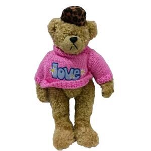 Vintage TY Curly Teddy Bear LOVE PINK Sweater Hat Plush Stuffed Stand Sit Limbs